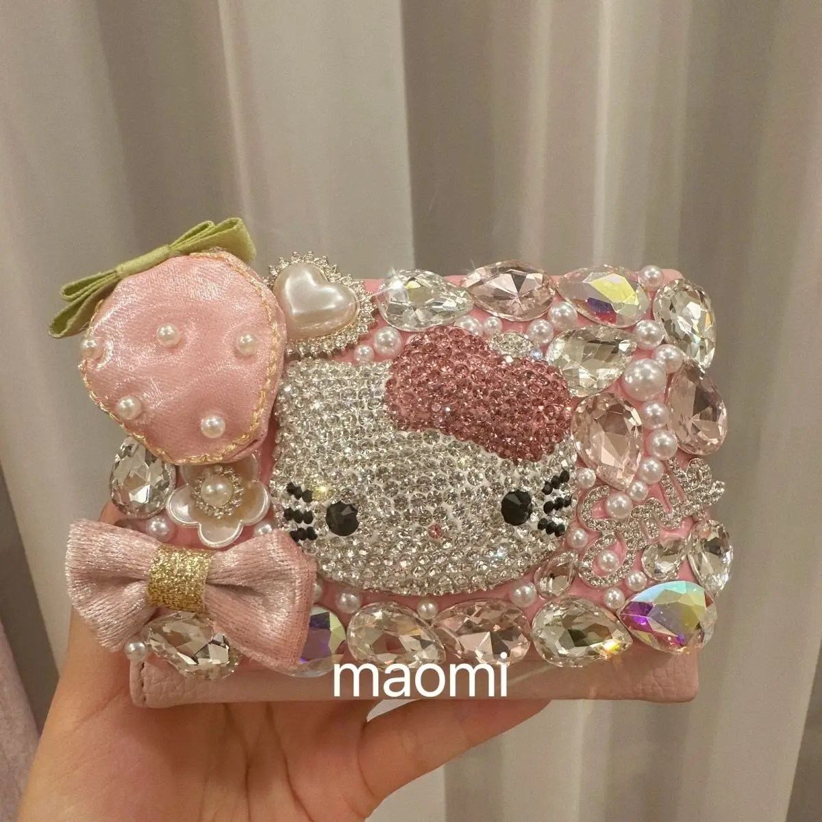 

Hello Kitty Stickers Full of Diamonds Triple Fold Wallet Change Coin Bag Card Bag Light Luxury Heavy Industry For Girls Women