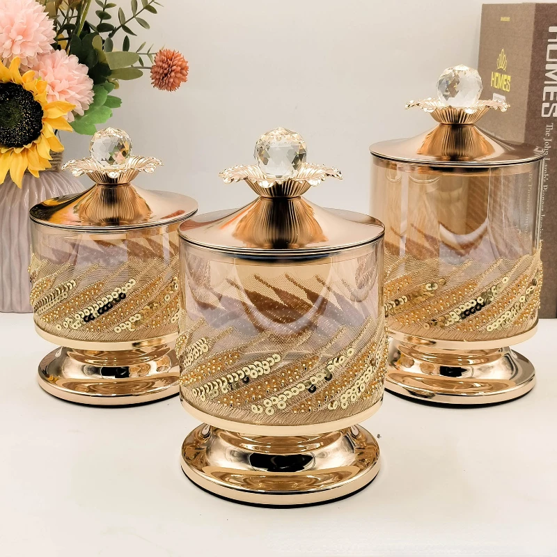 

Electroplated Glass Candy Jar Gold Jewelry Cosmetics Cotton Swab Storage Box with Lid Exquisite Dried Fruit Dessert Storage Jar