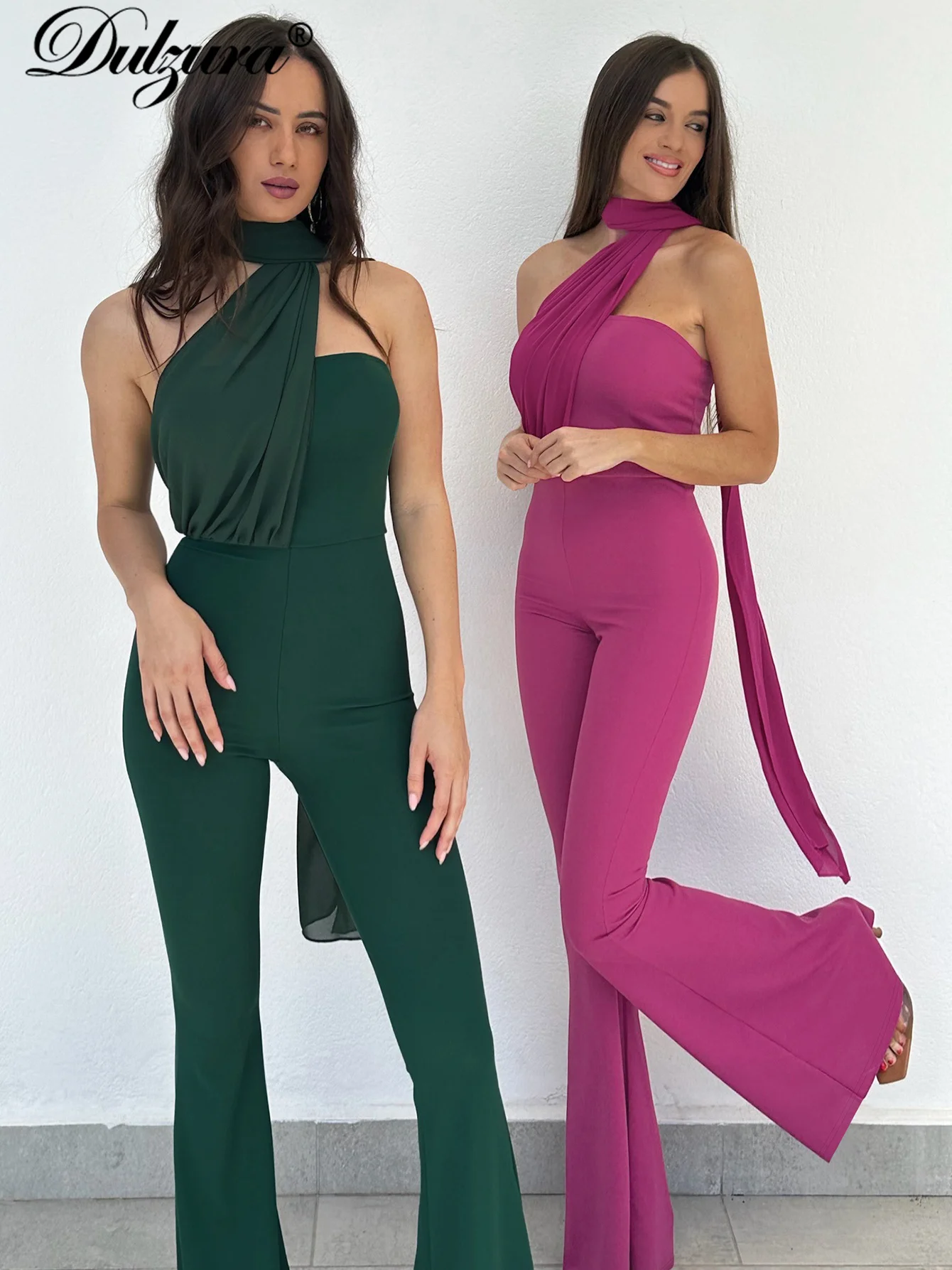 Dulzura Sexy Elegant Playsuit Patchwork Scarf Solid Sleeveless Bodycon Long Pants Jumpsuits For Women Rompers Party Club Workout