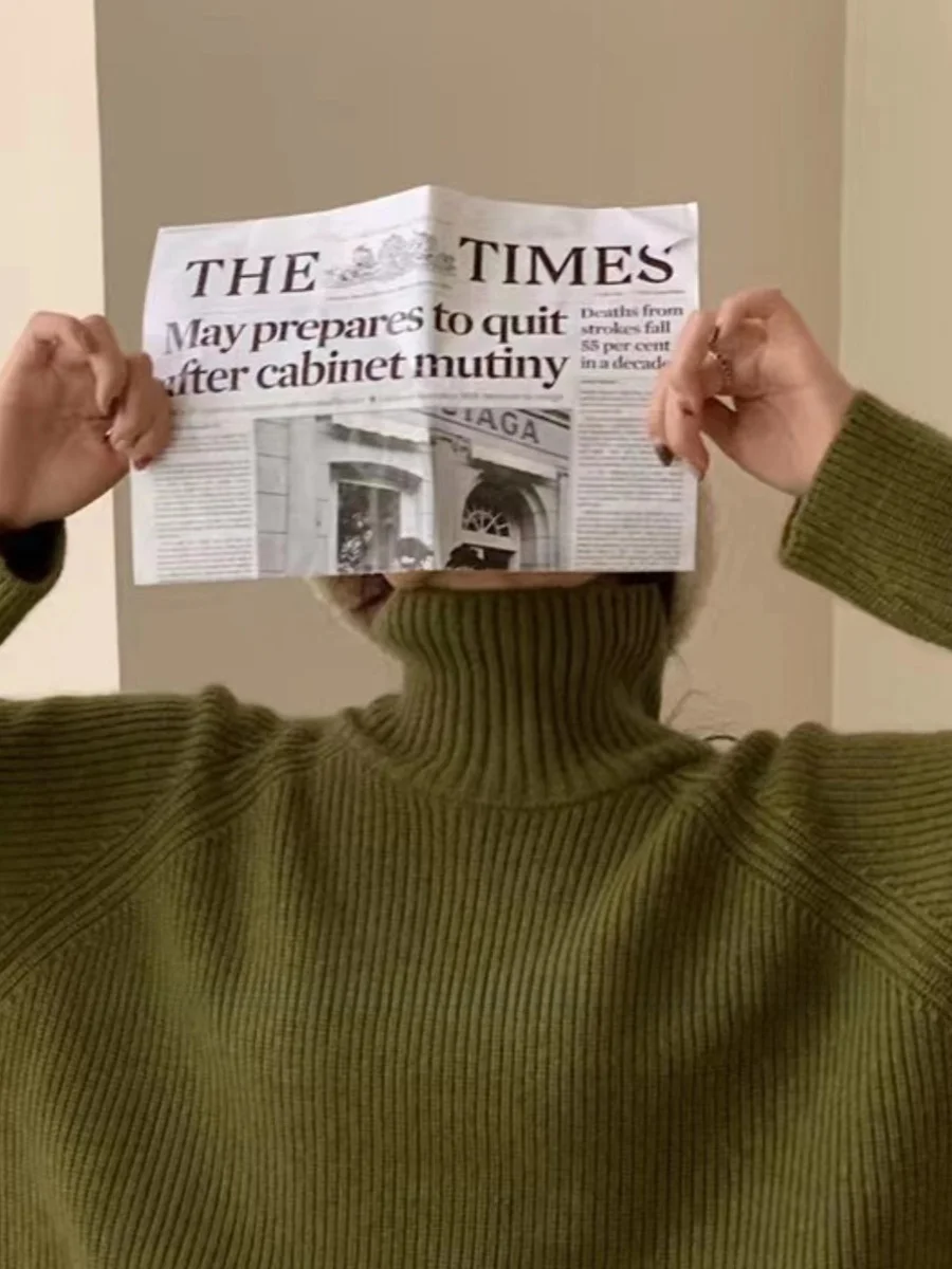 

Женский однотонный вязаный свитер с высоким воротником и двойным откидным воротником R Home Mustard een Regular Sve Long Sve