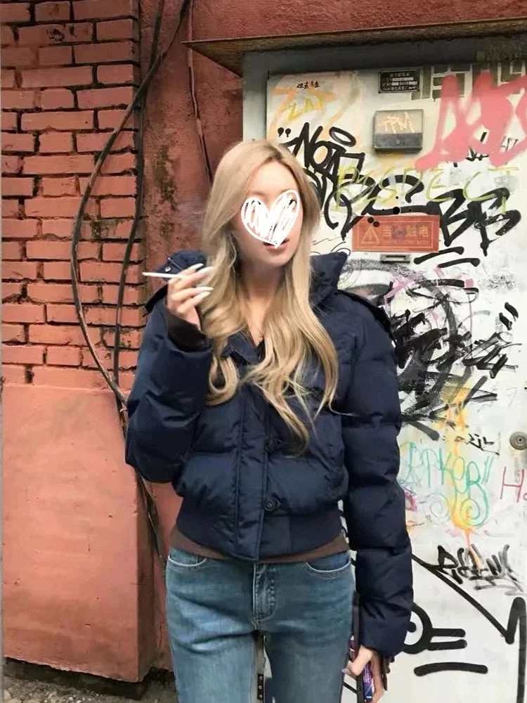 

Женская утепленная хлопковая куртка-пуховик с капюшоном, зимняя, синяя, с большим меховым воротником, в стиле ретро, корейский свободный крой, на молнии