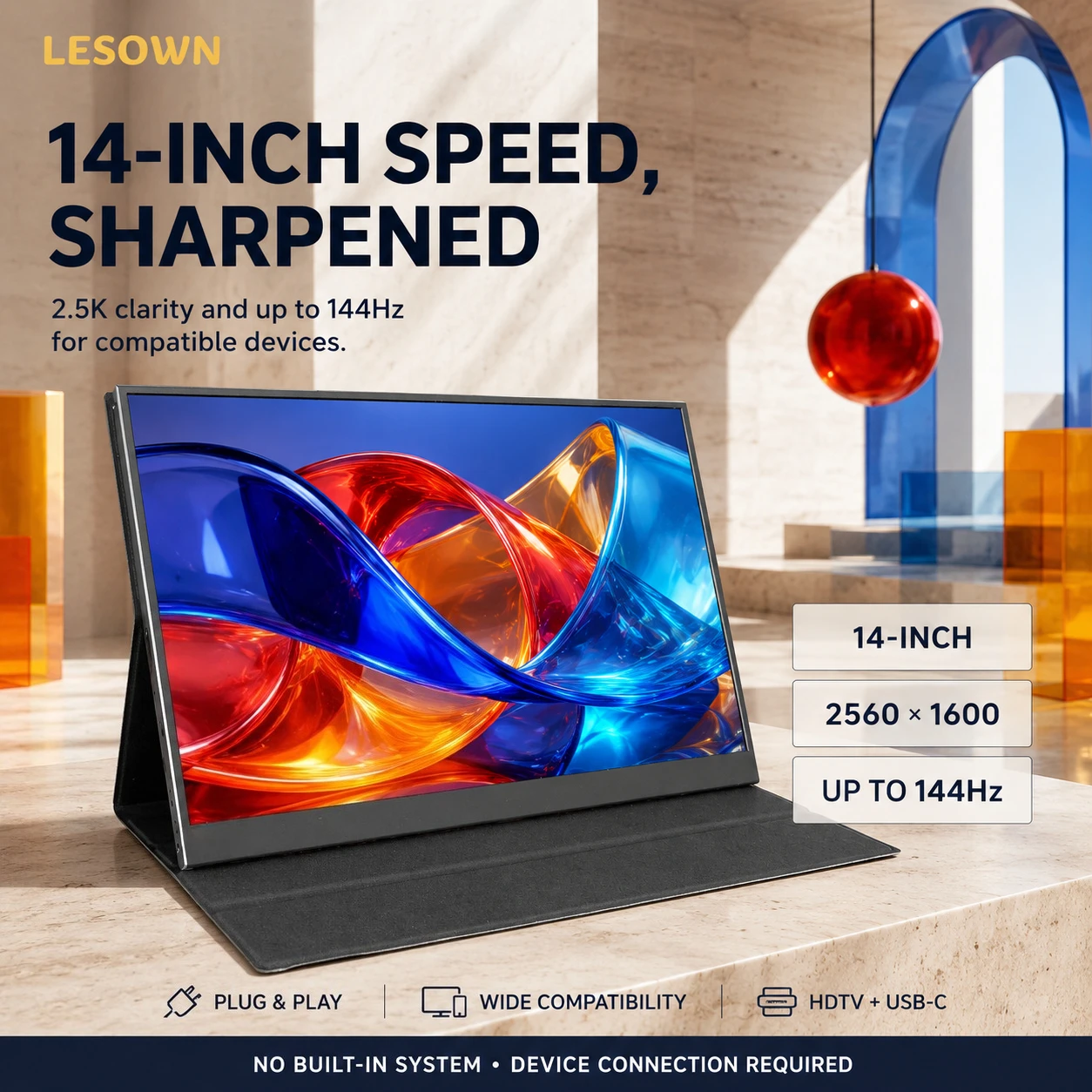 LESOWN 14.0 Inch 2.5K 144Hz Portable Gaming Monitor Driver-free External Screen with VESA 75 Aluminum Alloy for Laptop