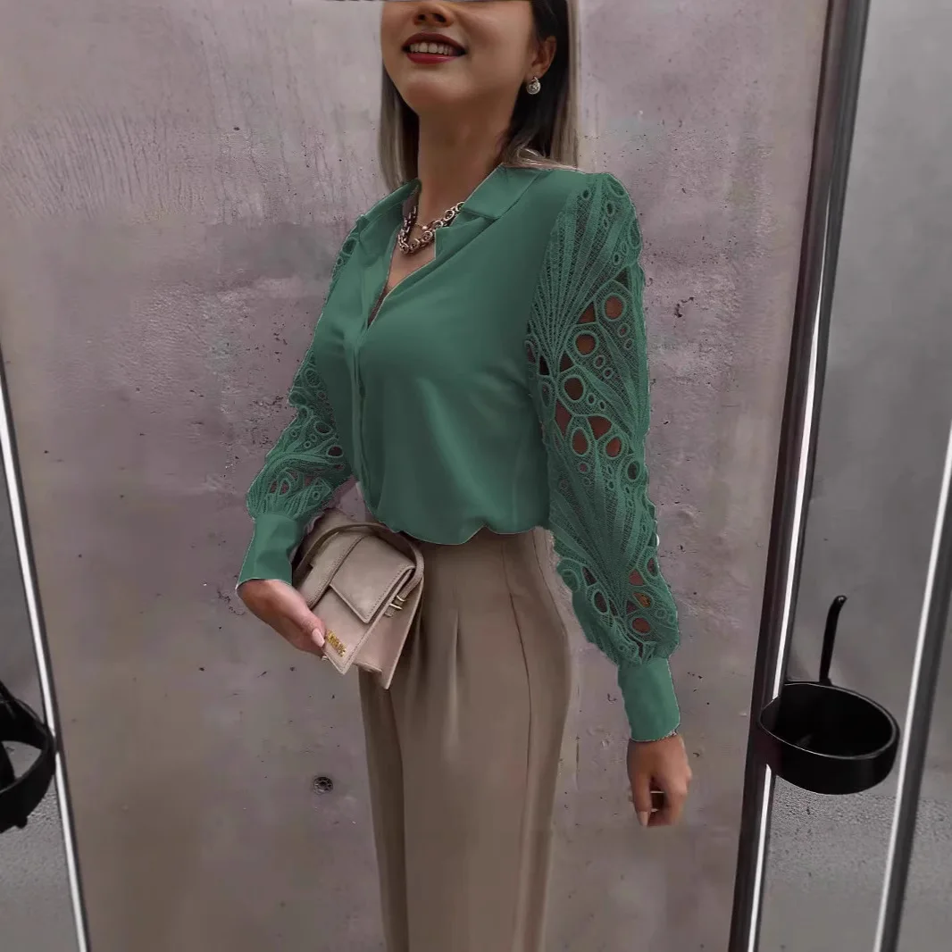 

Ladies Pure Color Lace Patchwork Shirt Casual Commute Style Loose Fit Long Sleeve Hollow out Design Fashionable Office Wear