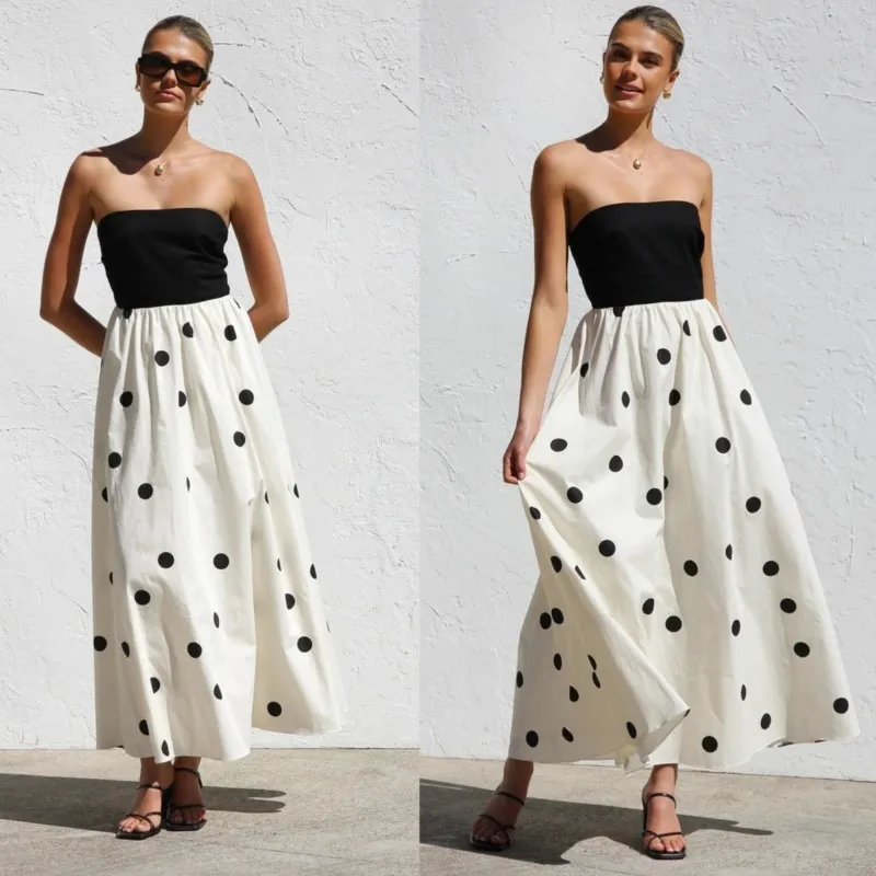 

Casual Polka Dot Print Strapback Dresses Sleeveless Women Fashion High Waist Long Pleated Dress 2025 Summer New Party Gowns