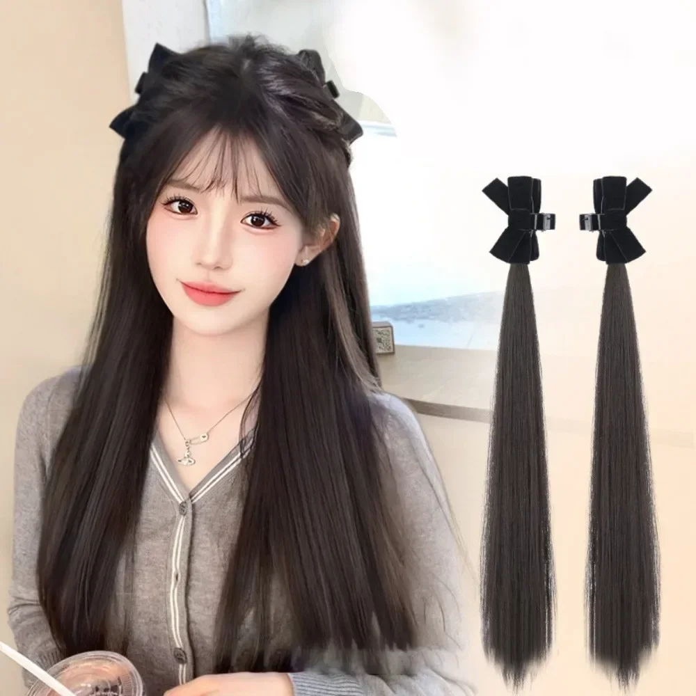 

1Pair Bow Hair Clip-on Synthetic Wig Women's Fluffy Long Straight Wigs Double Ponytail Natural Hair Extensions