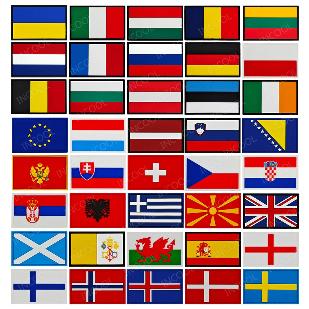 Europa Hiszpania Polska Grecja Albania Francja Włochy Rosja Estonia Słowenia Łotwa Niemcy Bułgaria Szkocja Naszywki z gumową flagą PVC