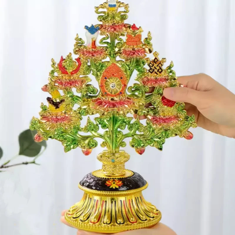 Tibetan Eight Auspicious Ornament Tibetan Ethnic Eight Offerings Craft Enamel Painted Eight Treasure Tree Desktop Decoration