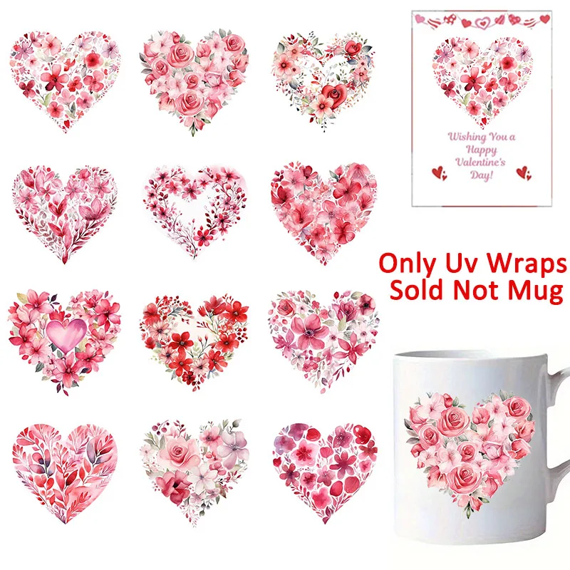 12pcs Valentines Day Heart Tree Flower Floral UV DTF Cup Wrap Transfer Sticker Glass Coffee Mugs Greeting Cards Decal Gift Decor