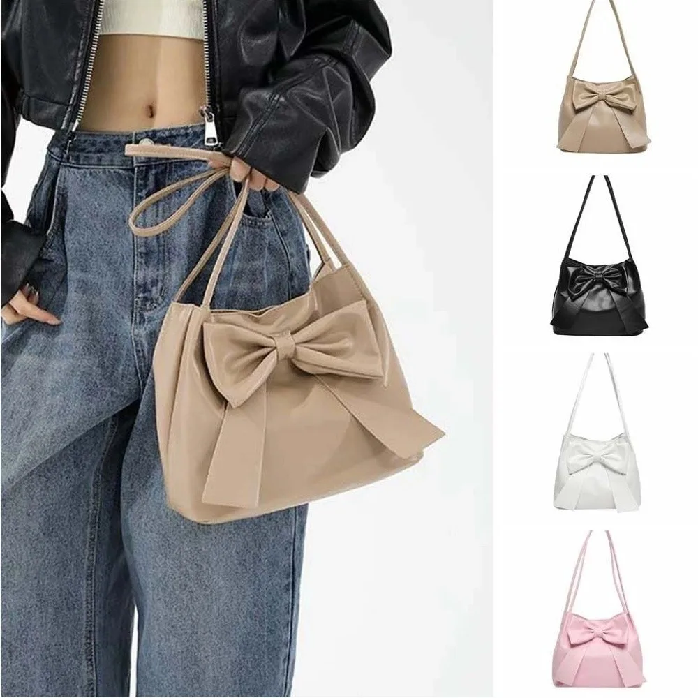 

Casual Solid Color PU Bow Shoulder Bag Bucket Bag Korean Style INS Tote Bag Portable Luxury Fashion Underarm Bag Gift