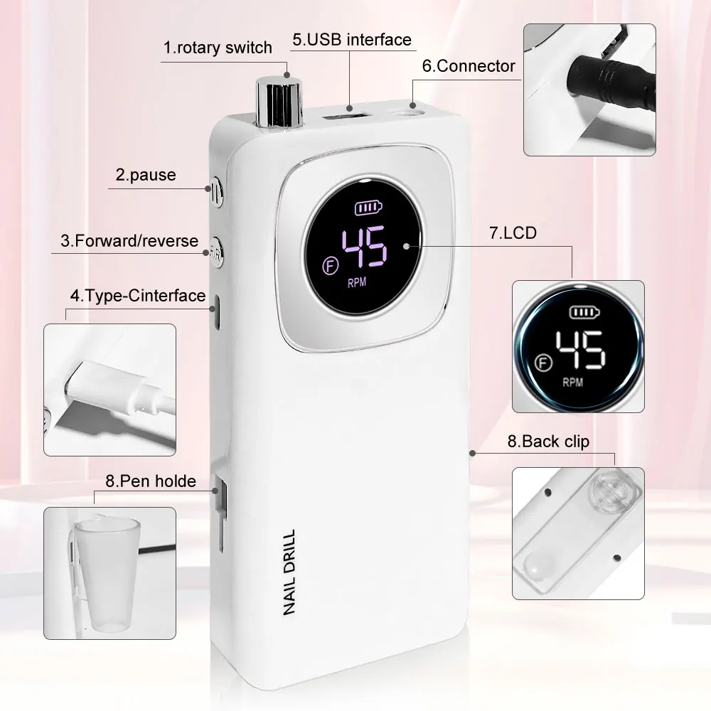 LIMEGIRL Draagbare Opladen Nagelboor Oplaadbare Elektrische Nagelvijl Machine Kit 45000 RPM voor Acryl Gel Nagels Polijsten Salon