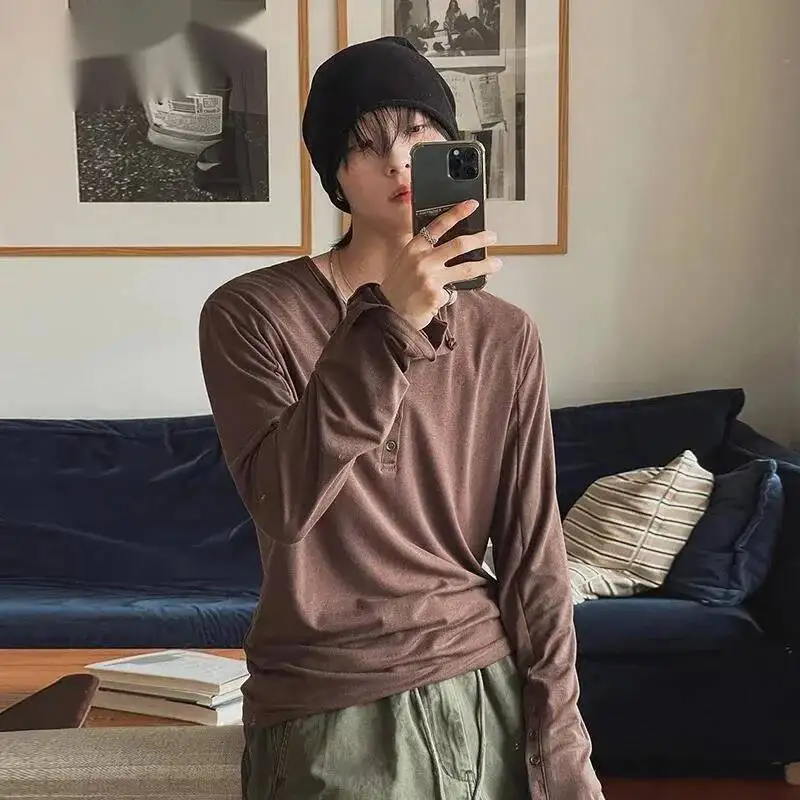 Casual Chic Spring Autumn Long Sleeve Men's T-shirt Chic New Tee Korean Style Buttons Design Coffee Pullover Tops 9X2HTWP