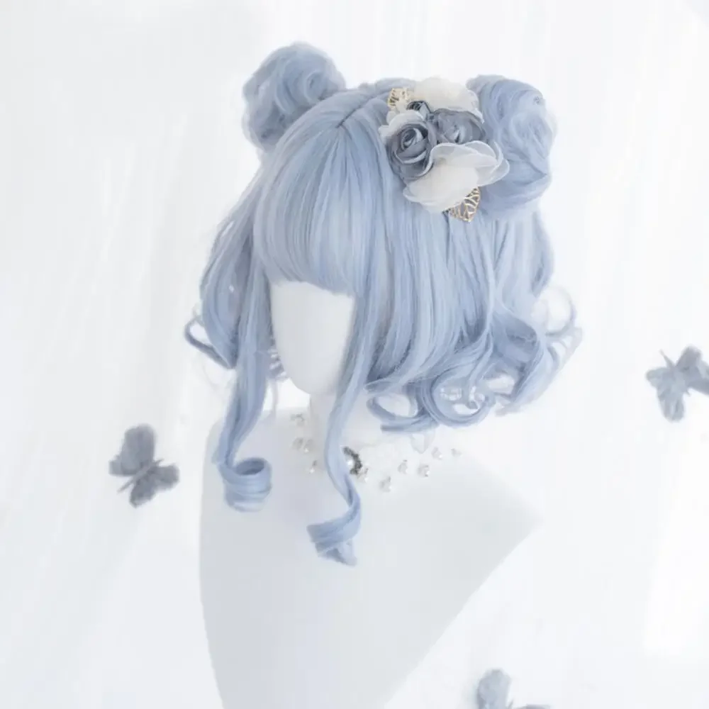 Lolita Anime Cosplay Wig Short Curly Blue Buns Lady Party Bob Clips Synthetic Heat Resistant Hair