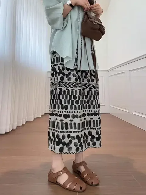 Drucken Lose Rock Elastische Taille A-line Jupe Vintage Sommer Röcke Chic Koreanische Saia 2025, Faldas Mujer De Moda frauen Kleidung