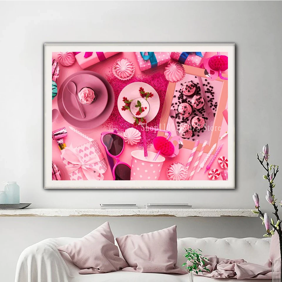 5D Diamond Painting Cake Picture Rhinestone Pink Sweet Diamond Embroidery Dessert Scenery Full Drill Mosaic Kitchen Home Decor