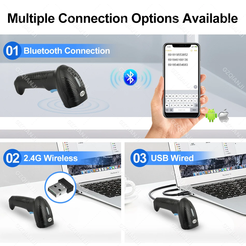 CMOS Image 1D 2D Wireless Barcode Scanner Bluetooth USB Wired Handheld Automatic Bar Code QR Reader For Inventory Management