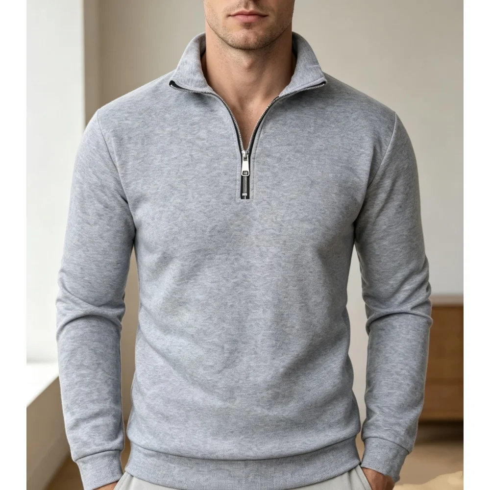 Herbstliche Herren-Pullover mit Reißverschluss, schmale Passform, leicht, für den Außenbereich, mit Stehkragen, halbem Rollkragen, gestrickt, Streetwear – Detail 2
