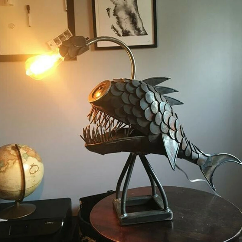 Angler Fish Lamp USB Rechargeable Desktop Metal Light Handmade Craft Home Living Room Decoration Small