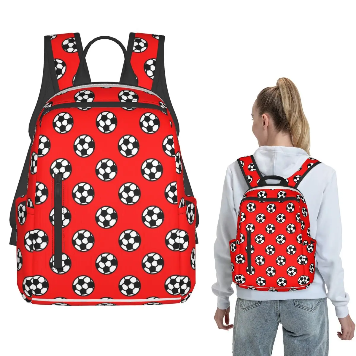 Soccer Ball With Red Background Pattern Backpack Daypack Boys Girls BookBag School Bag Shoulder Bags for Men Women