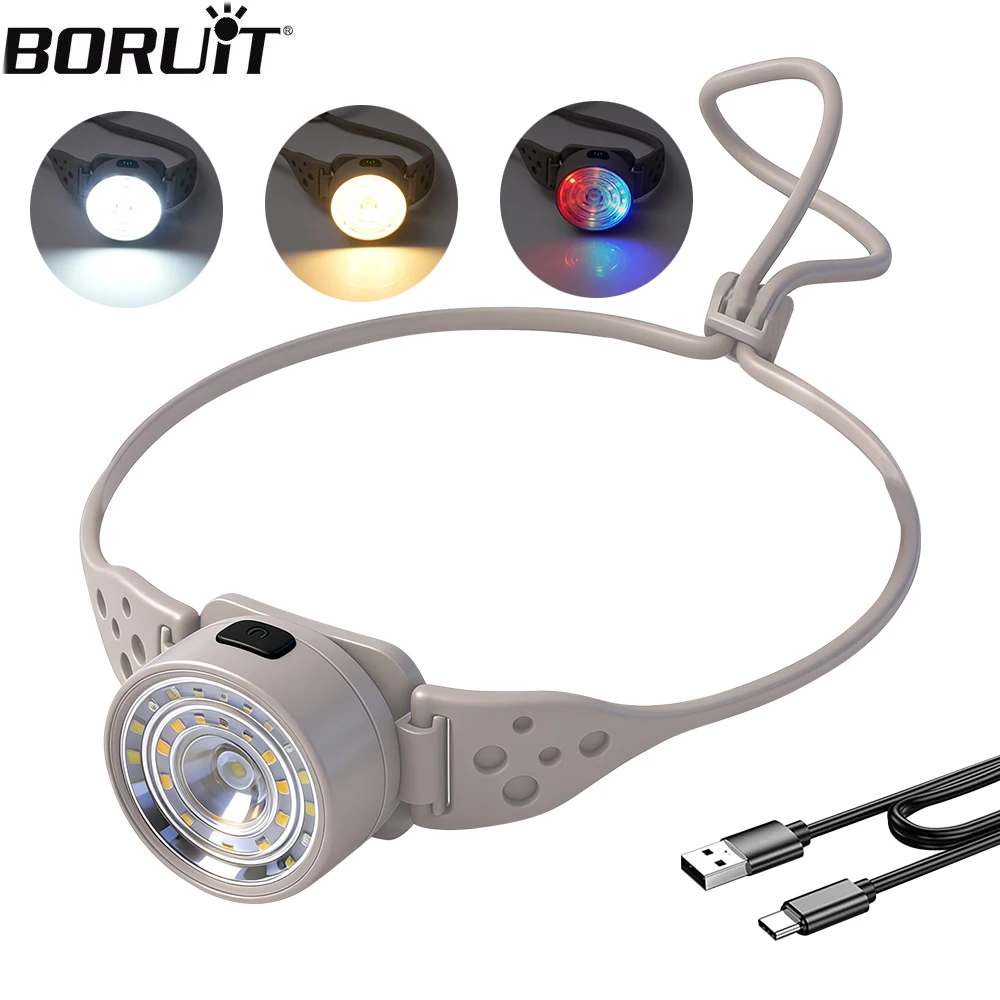 BORUiT LED Headlamp 300LM XPG+SMD Lightweight USB-C Rechargeable Headlight 5 Modes Waterproof Head Torch Camping Fishing Lantern