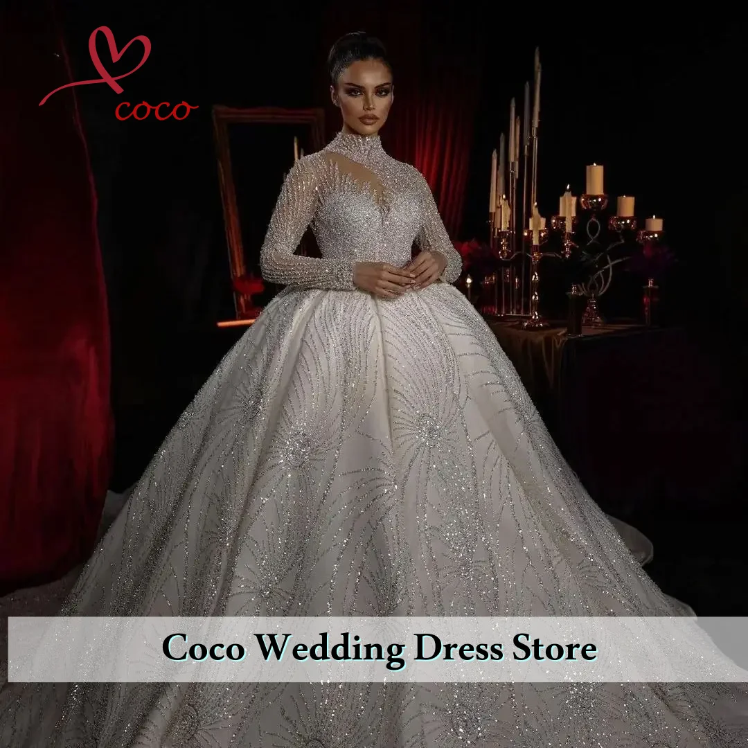 

Customized Shinin Ball Gown Wedding Dresses Beads Long Sleeves Halter Sequins Applique Lace Bridal Gowns Vestido de novia