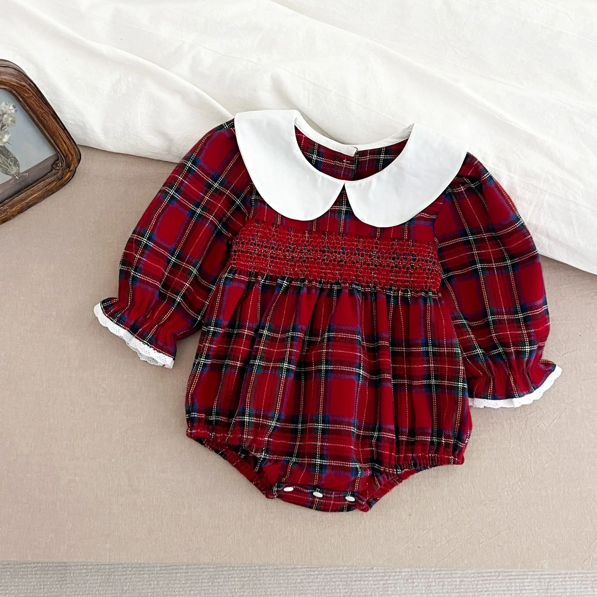 Neue Weihnachten Kleinkind Baby Mädchen Strampler Lange Ärmel Grid Strampler Herbst Neugeborenen 0-24M Spleißen Infant Baby mädchen Rot Overall – Detail 4