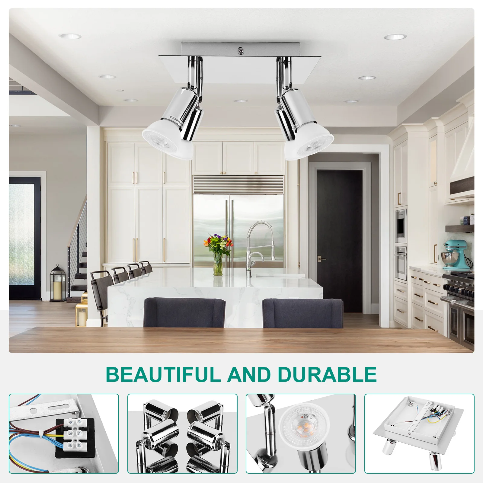 4 Way Square Spot Light Ceiling Spotlight 4 GU10 Bulbs LED Ceiling Light Adjustable Angle Rotatable Ceiling Light for Home Decor