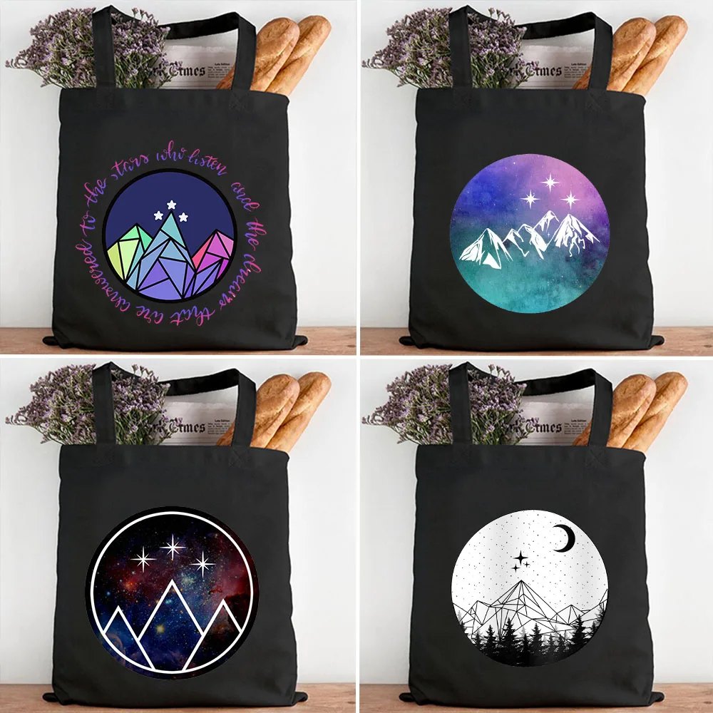 A Court Of Mist And Fury Moon Stars Dreams Mountains ACOTAR Night Court Insignia Women Canvas Shoulder Tote Handbag Shopping Bag