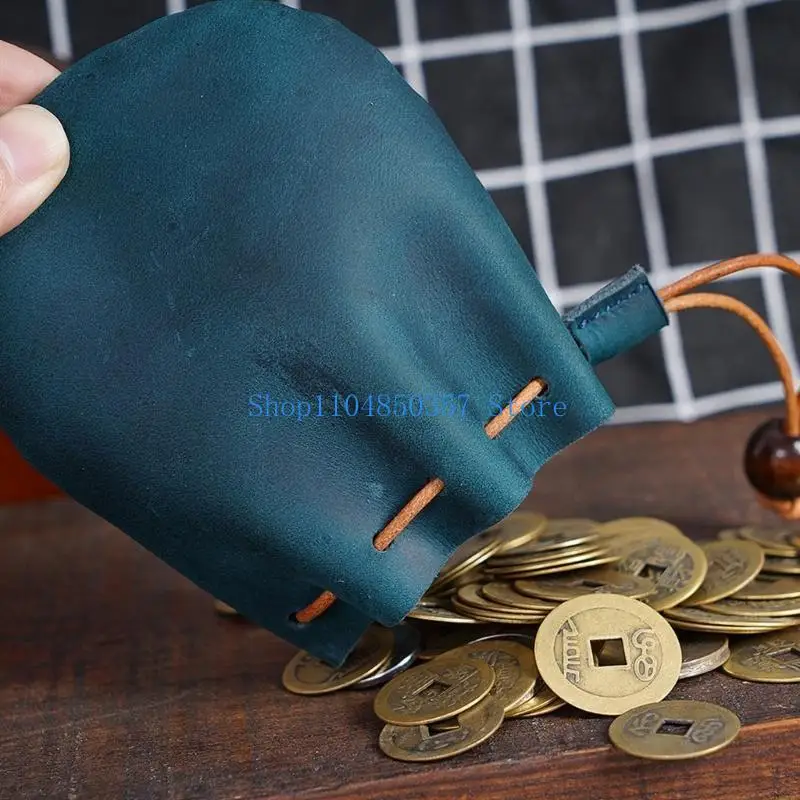 652F Drawstring Coin Purse Handmade Cow-Leather Money Pocket Retro Wallet Bag Fantastic Multipurpose Storage Bag