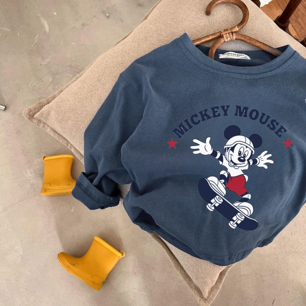 تي شيرت أنيق للأطفال الأولاد والبنات بأكمام طويلة مع ميكي ماوس مطبوع عليه رسوم كارتونية تي شيرت فضفاض غير رسمي للأطفال من عمر 0 إلى 7 سنوات