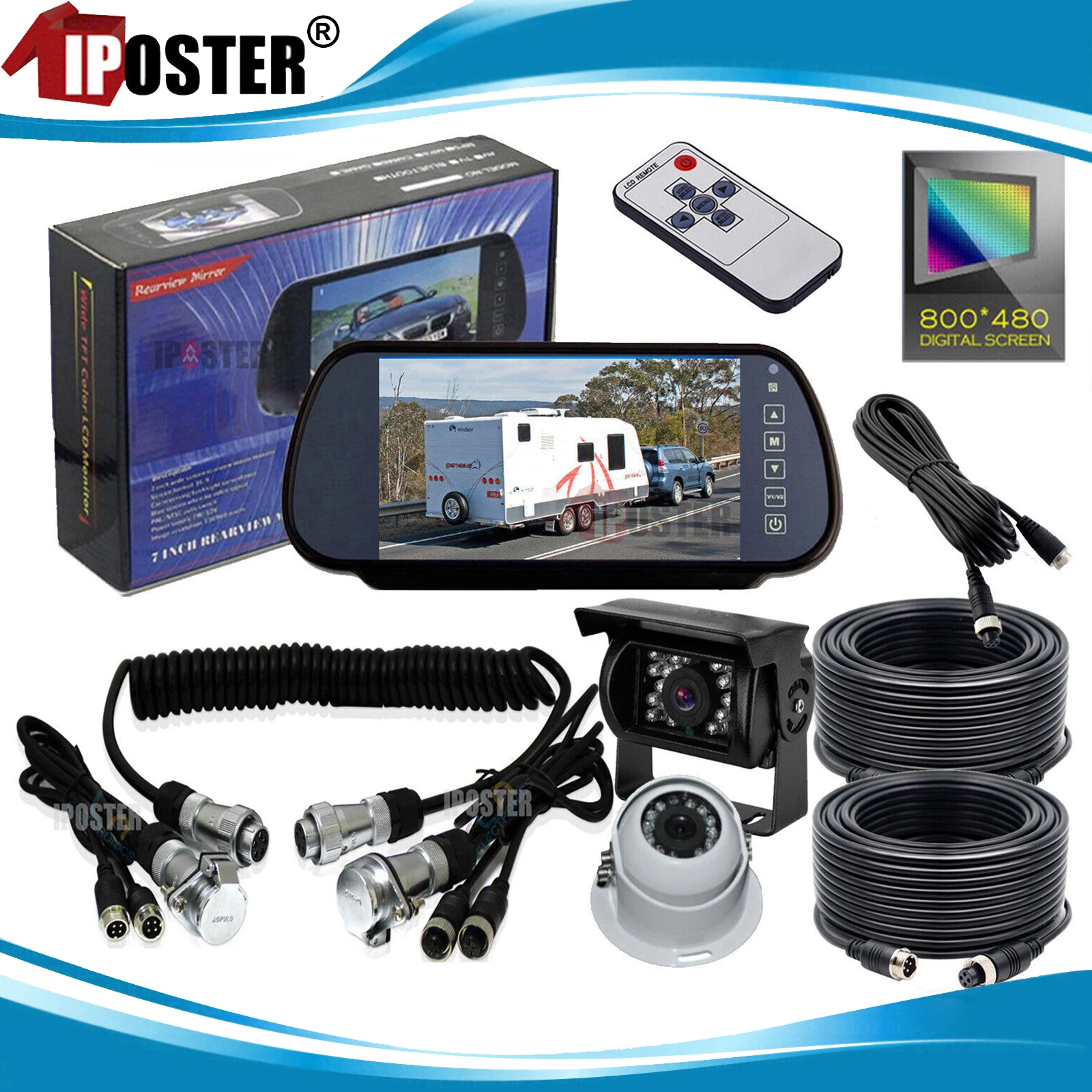 

iPoster 7 Inch HD Rear View Mirror Monitor with Camera Rearview Mirror +Suzy Coil+Reversing Cameras Kit For Trailer Caravan