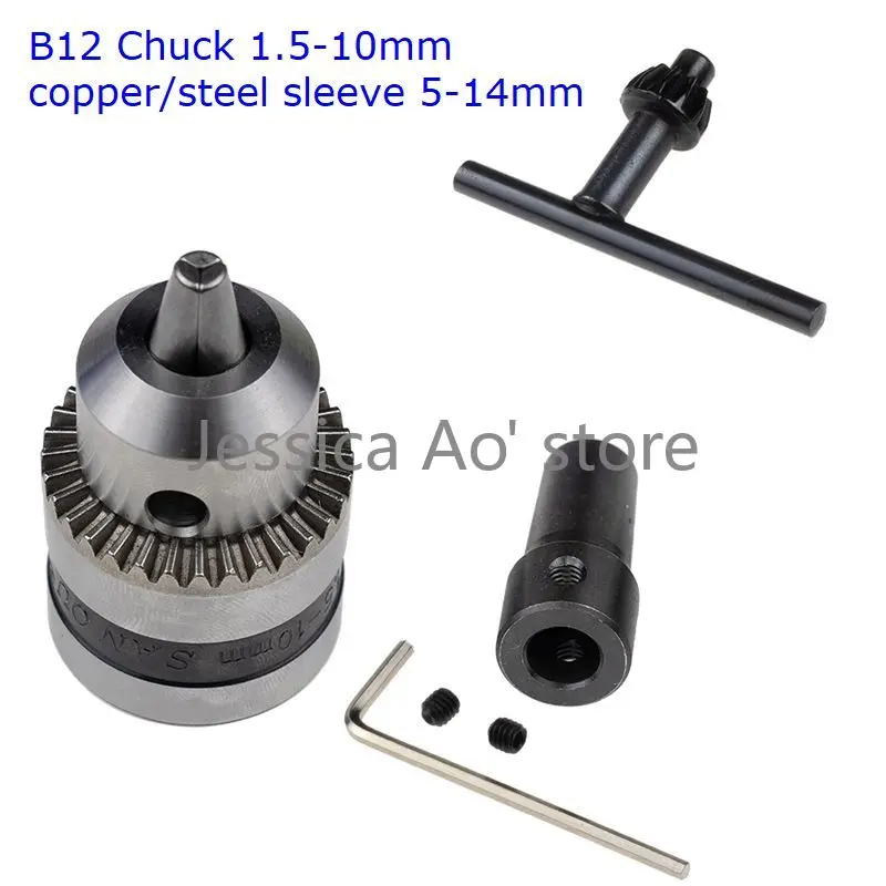 1.5-10mm B12 Chuck Electric Drill Chuck Table Saw Mill Clamping Head with 5-14mm Copper Steel Sleeve Removable Tool Parts