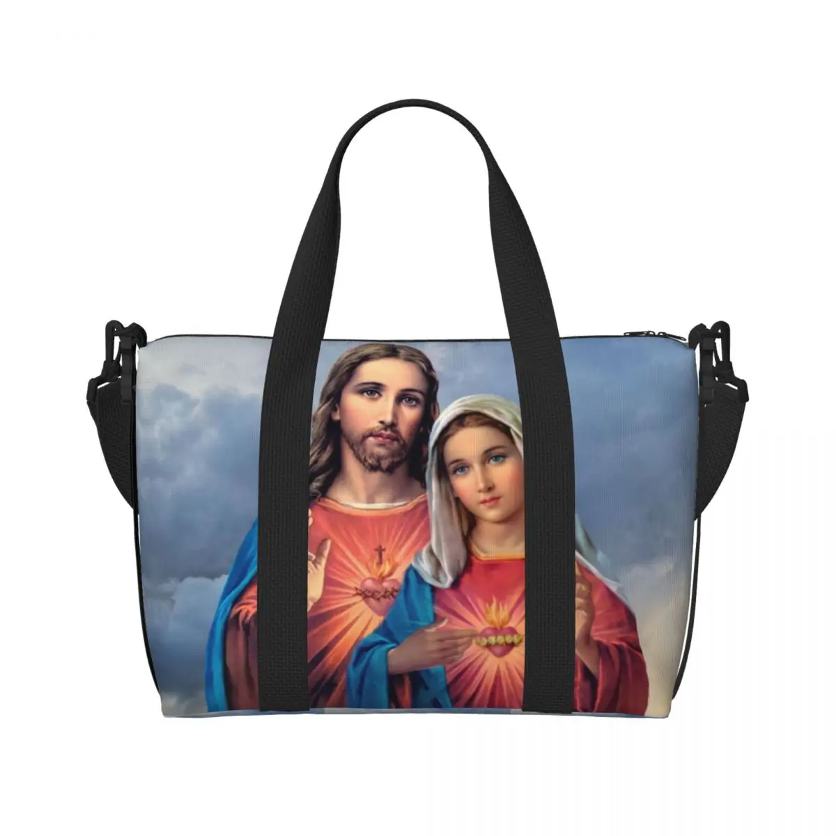 Custom Large Sacred And Immaculate Hearts Tote Bag for Women Catholic Jesus and Mary Shoulder Shopping Beach Gym Travel Bag