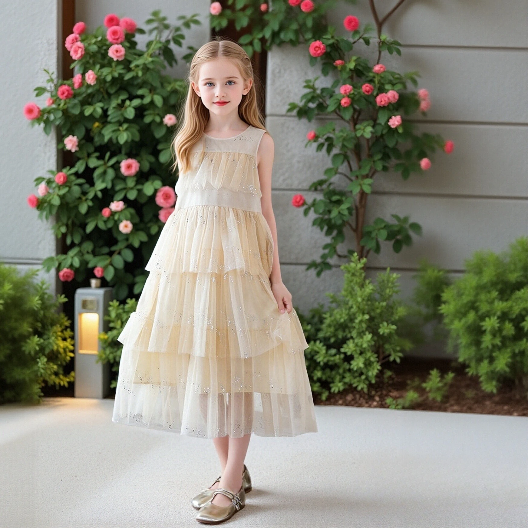 

Girls Sequin Tulle Tiered Dress Sleeveless O-Neck Layered Ruffle Princess Dress for Kids Birthday Party Wedding & Daily Wear