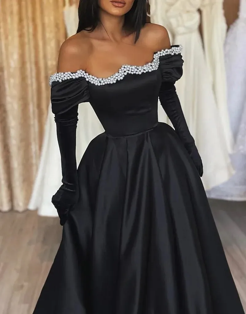 A-Line Gothic Black Evening Dress 2025 Off Shoulder Satin Long Pearls Formal Prom Gown Arabic Dubai Robe De Soiree