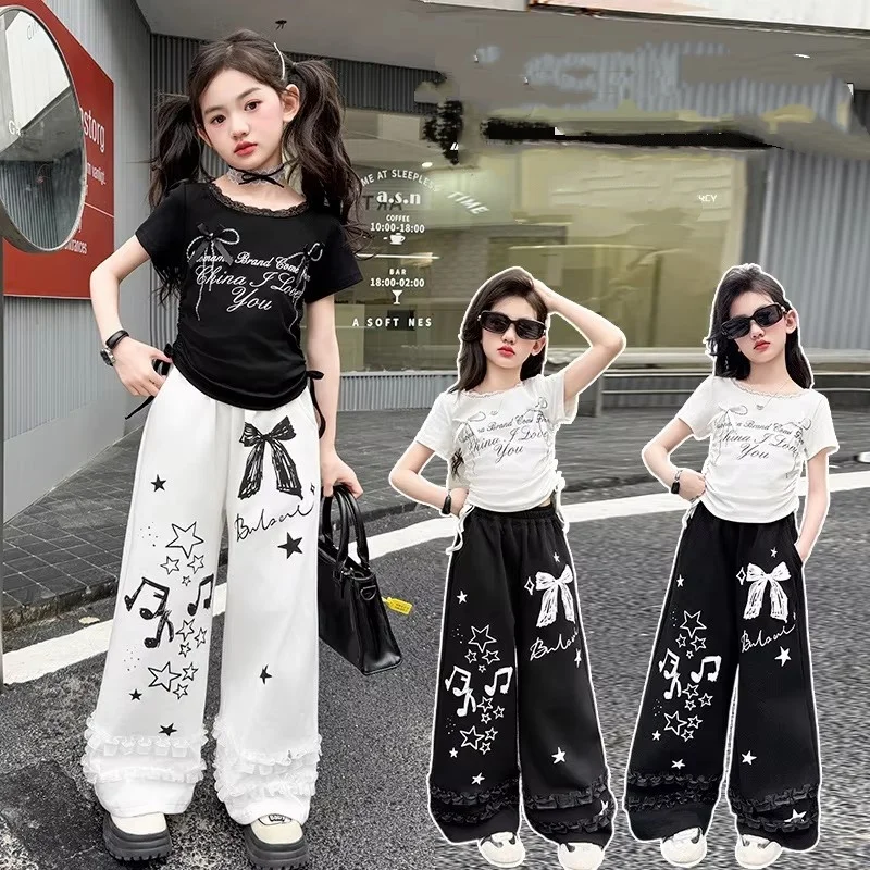 Summer Autumn Teens Tracksuit Girls cloth bow graffiti t-shirt crop top or long wide leg pant Kid hip hop jazz 4 8 9 10 12 14 Y