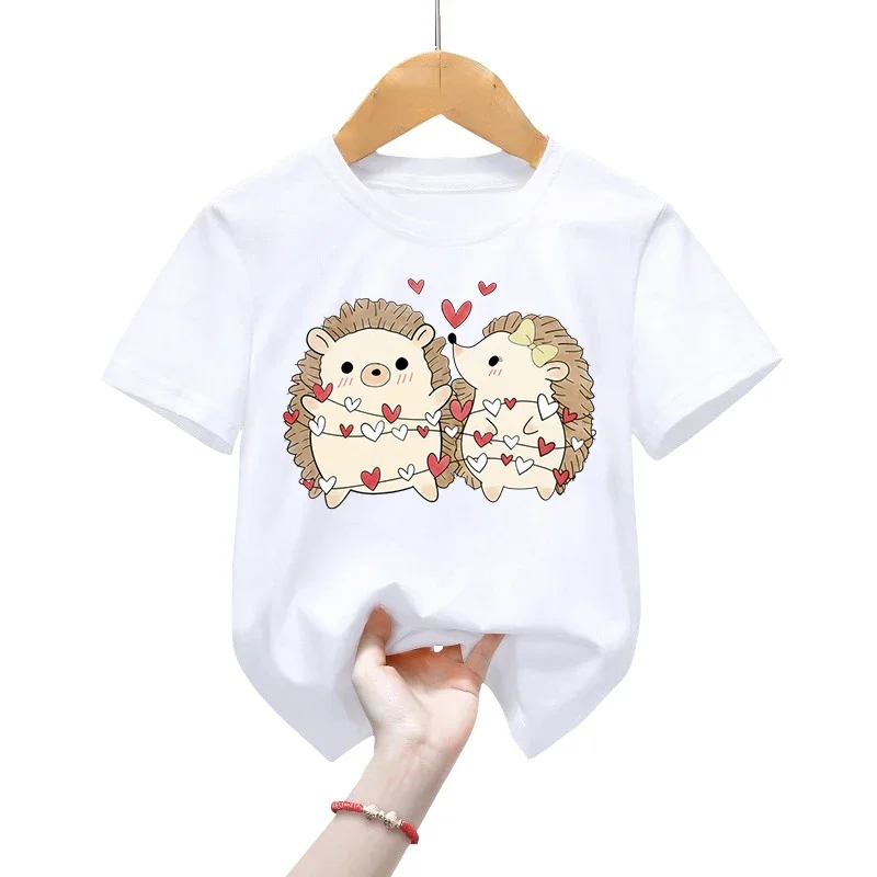 Kids Hedgehog Couple Valentine Print T-Shirts Boys Girls Short Sleeves T-Shirts Cartoon Casual Fashion Children's Clothing