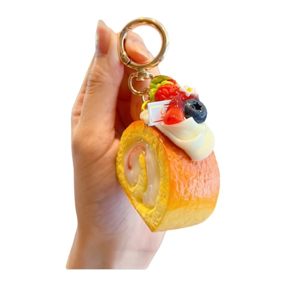 PU Simulation Fruit Keychain Simulation Fruit Blueberry Swiss Roll Keychain Strawberry Fun Design Cake Model Bag Keychain