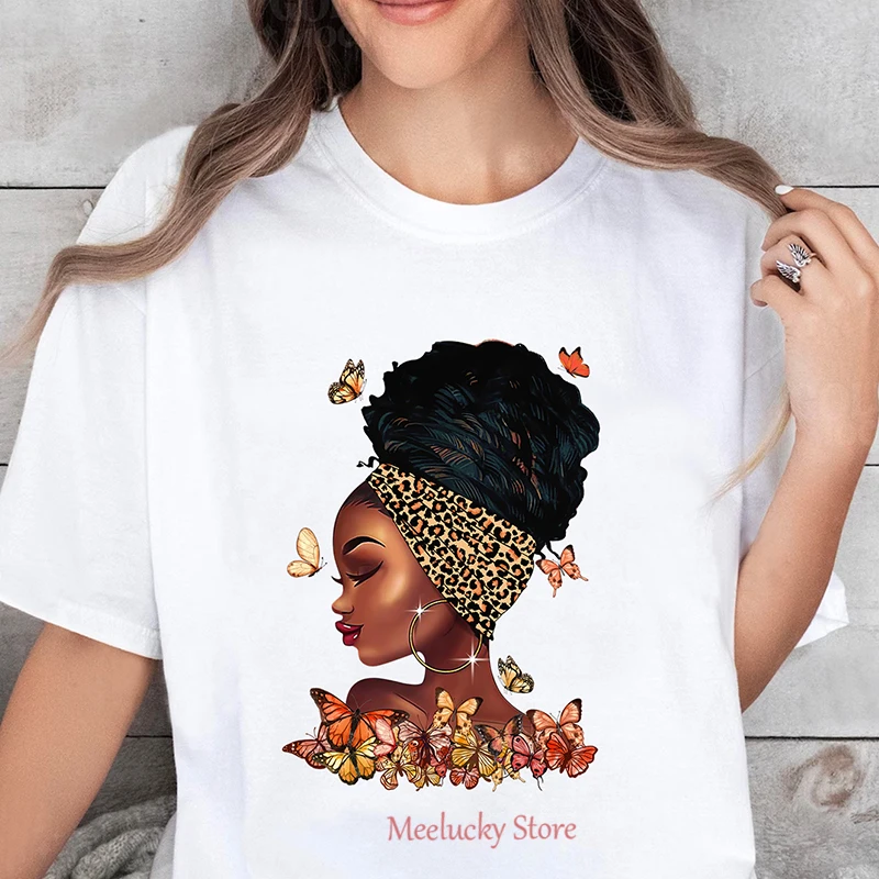 100% Cotton Women T-shirts Afro Black Girl Butterfly Black Woman Printing Tee Shirts O-Neck Short Sleeves Clothes Female Tops