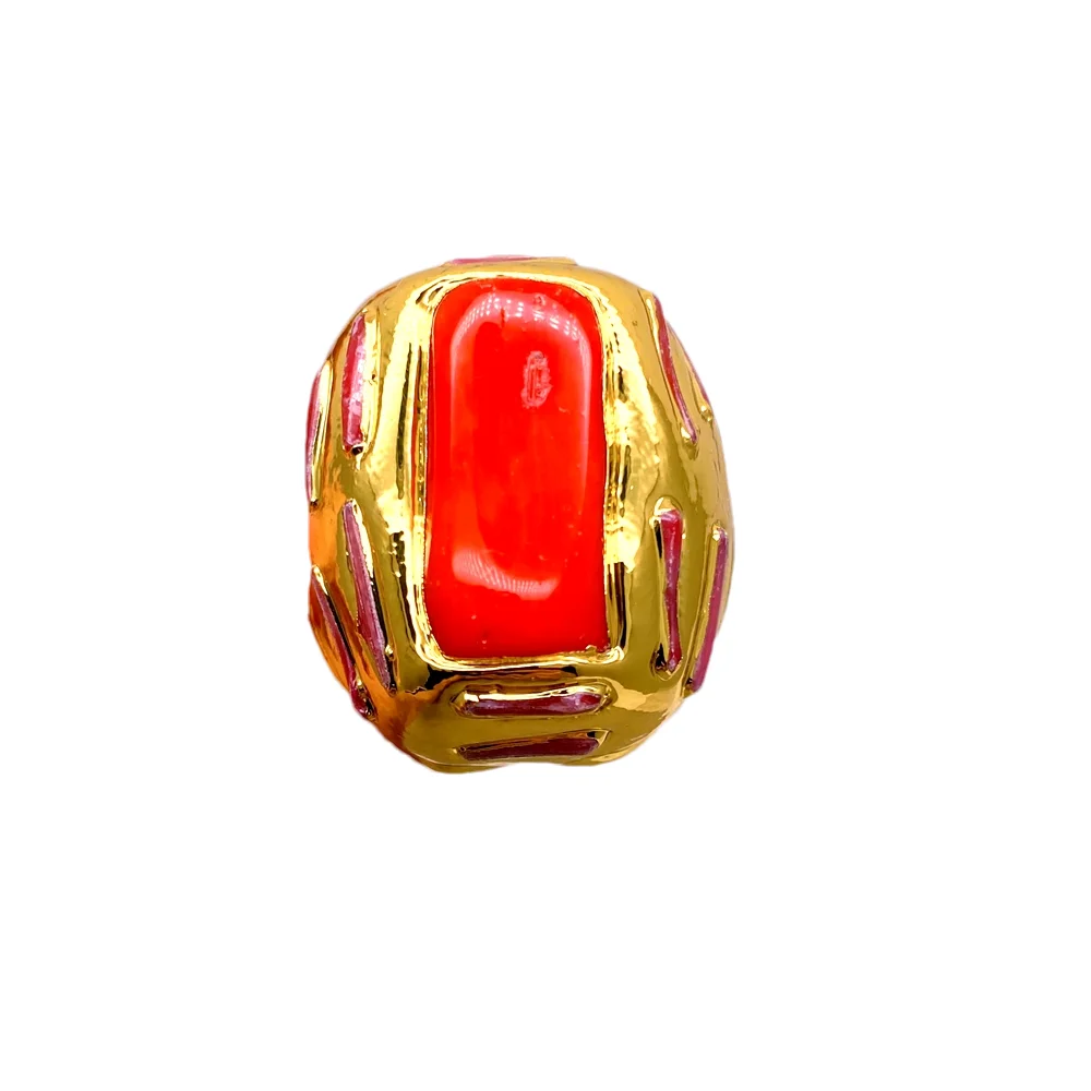 3 PCS Big Orange Coral tube shape gold plated edged Adjustable Rings Fashion Gold Plated Ring Anniversary Jewelry