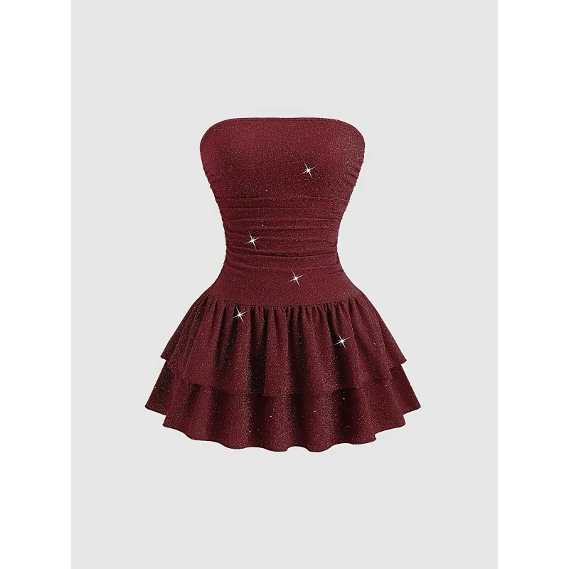 Vestido Mini sin Tirantes con Brillo y Volantes para Mujer, Elegante Vestido de Fiesta Bodycon Fruncido, Vestido Corto sin Mangas con Brillos y Dobladillo con Volantes