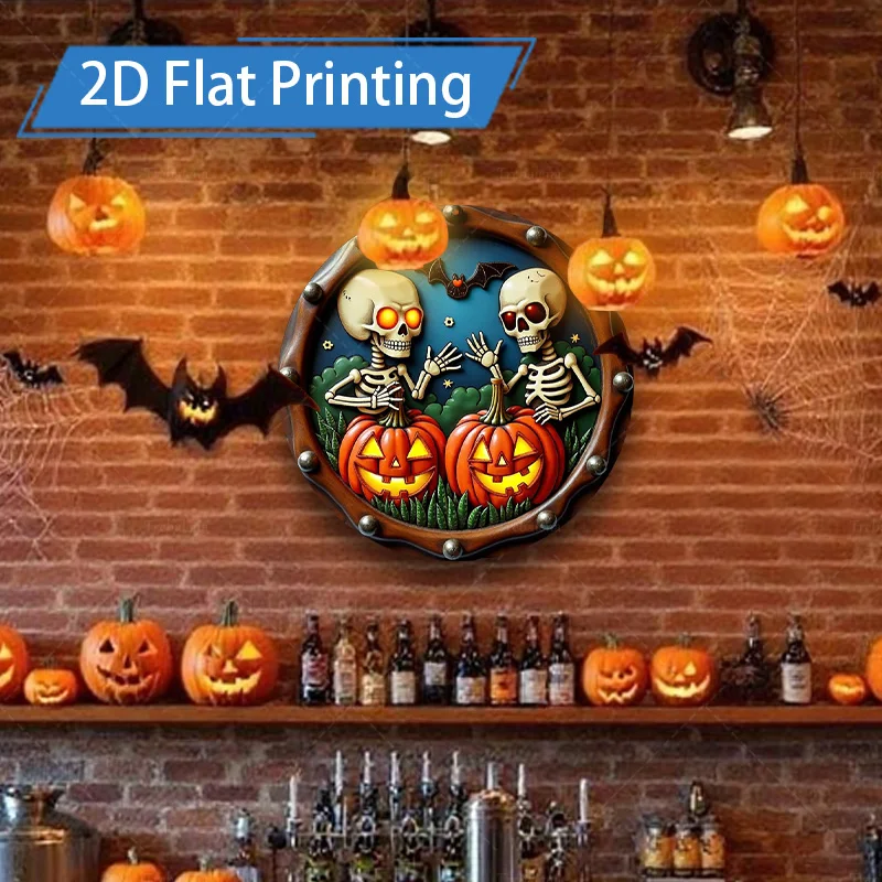

1pc Metal Sign, 4x16inch Halloween Skeletons Pumpkin Bar 2D Flat Printing Tin Sign Wall Art Decor