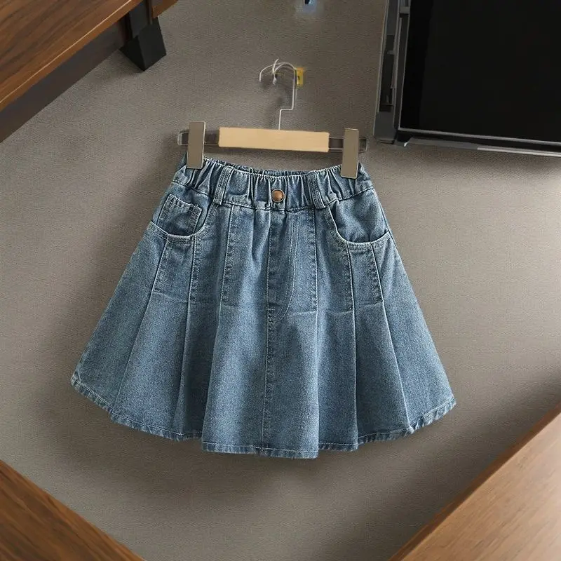 Summer Girl Casual Basic Denim Skirt with Safety Shorts for Tween Children Fashion Street Style Bottoms Kids Pleated Jeans Skirt