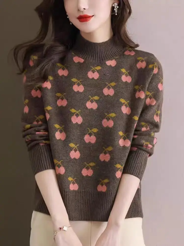 Dessin animé doux à manches longues femme vêtements nouveau pull chemise demi col roulé chaud femmes pull mince dames haut en tricot