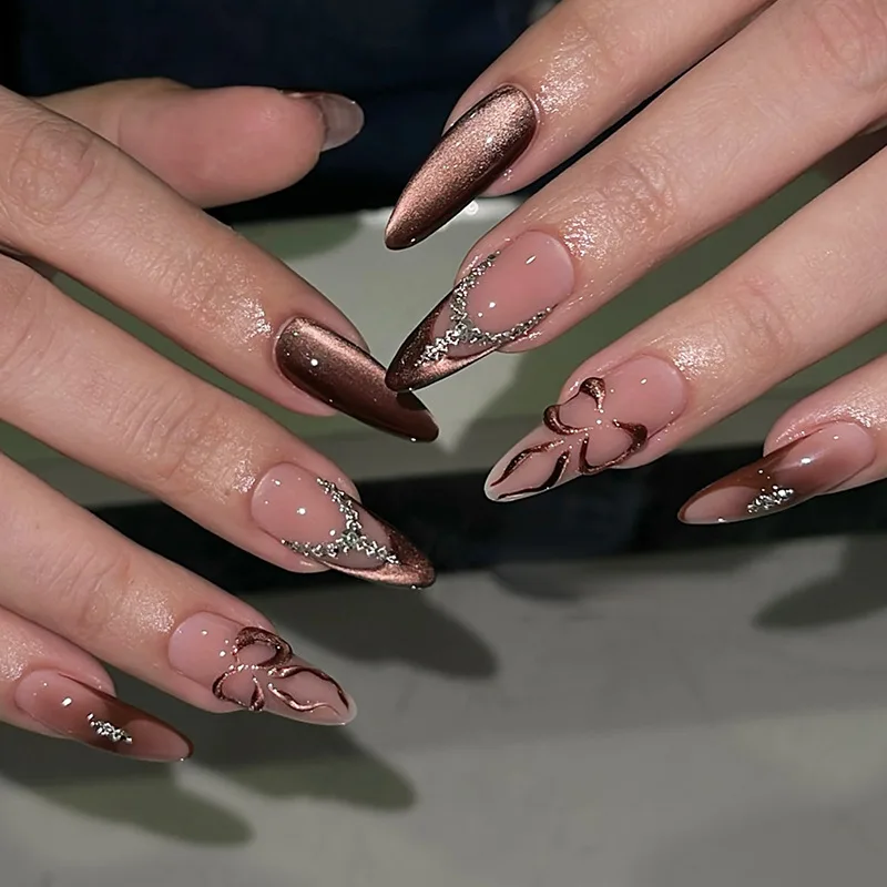 

24pcs Bow False Nails Brown Long Almond Fake Nail with Glitter Rhinestone Design Press on Nails Tips Cat's Eye French Manicure