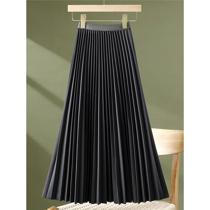Beige Pleated Skirt Women's Spring And Summer Retro High Waist Casual Versatile Medium And Long A-shaped Skirt