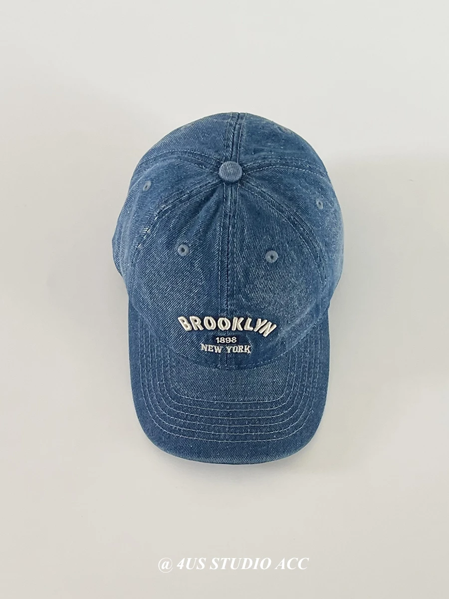 

Washed Denim Embroidered Peaked Cap Korean Style Versatile Sun-Proof Baseball Cap for Lovers