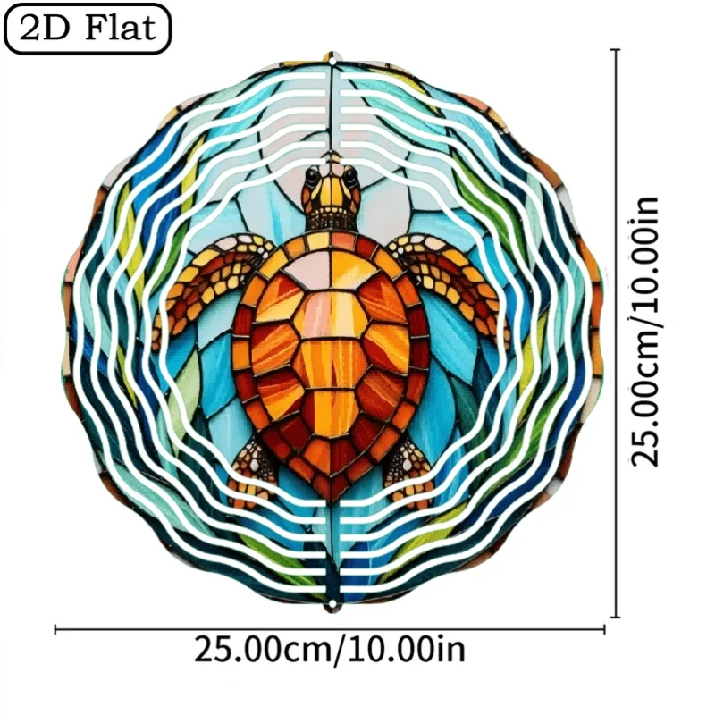 2D Round Iron Wind Chime with Turtle Pattern. It Can Rotate 360 Degrees. Suitable for Outdoor Garden Courtyard Hanging Decor