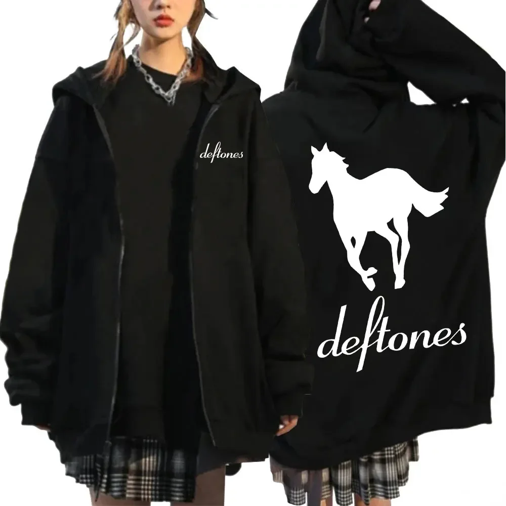 2024 Deftones Witte Hoodie Met Rits Hip Hiphop Rock Band Sweatshirt Harajuku Oversized Lange Mouw Hoodies Jassen Streetwear