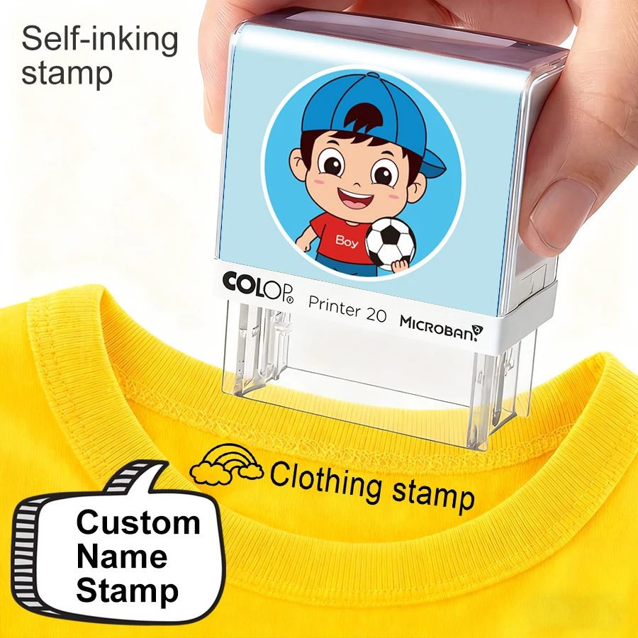 

COLOP Штамп для Одежды с Именем Ребенка | Персонализированные Водостойкие Маркеры для Детской Одежды и Обуви | Наклейки от Потери для Рюкзаков | Моющийся Штамп для Ткани | Подарочный Набор в Детский Сад