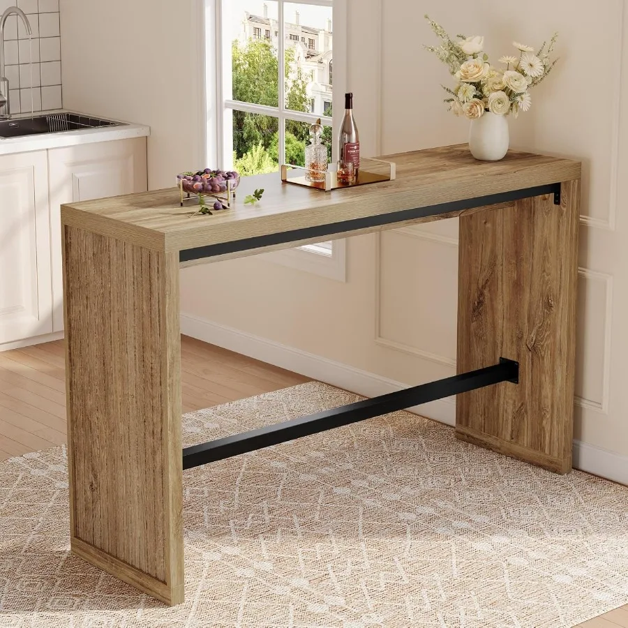 55-Inch Bar Table with Metal Footrest, Counter Height Pub Table, Narrow High Top Dining Table for Kitchen, Dining Room and Home